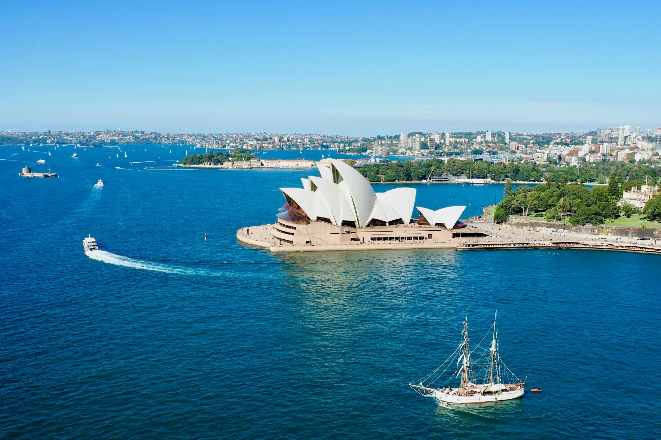 Tall ship sailing across Sydney Harbour past the Opera House on a clear, sunny day