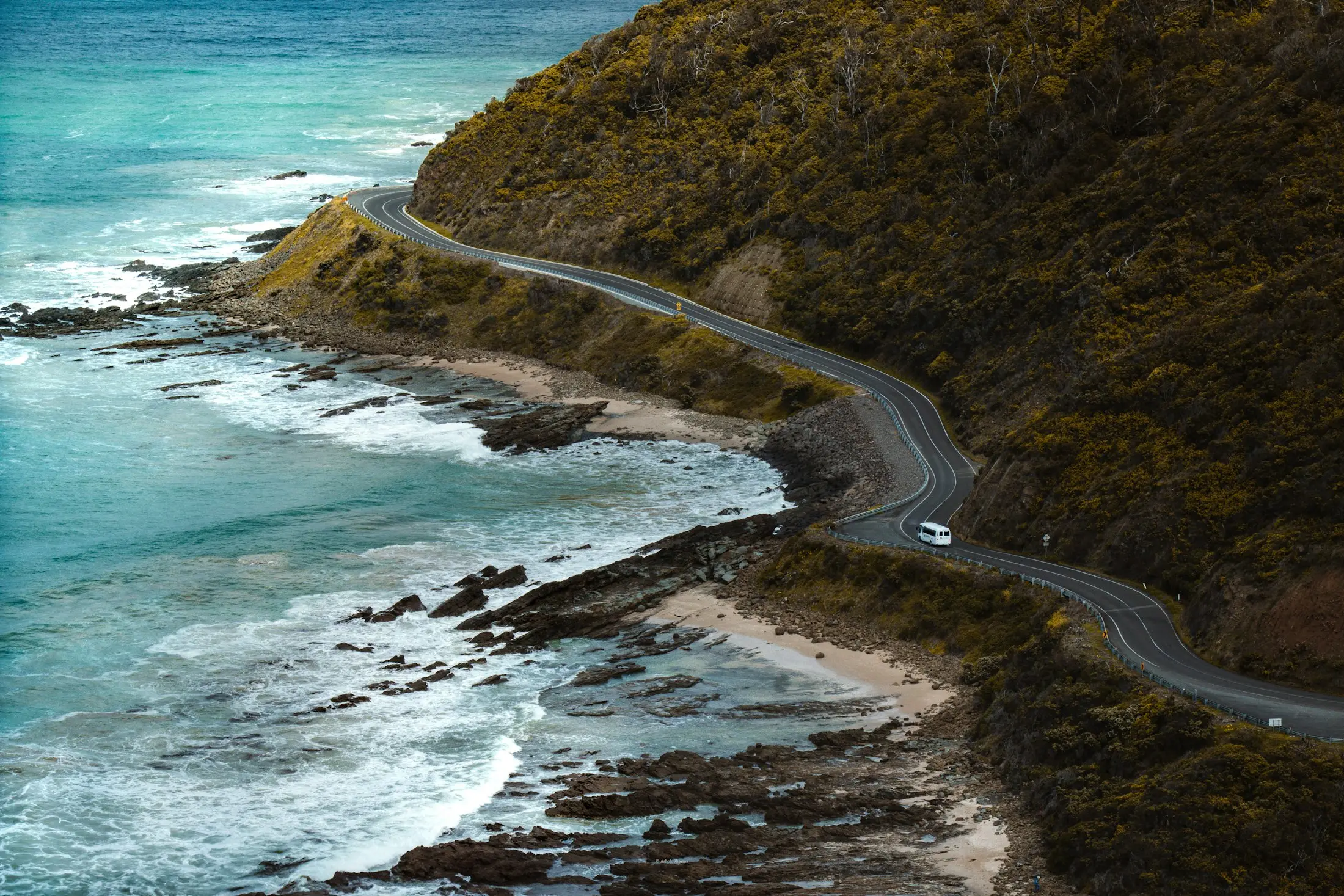 Aerial view of a car on the Great Ocean Road