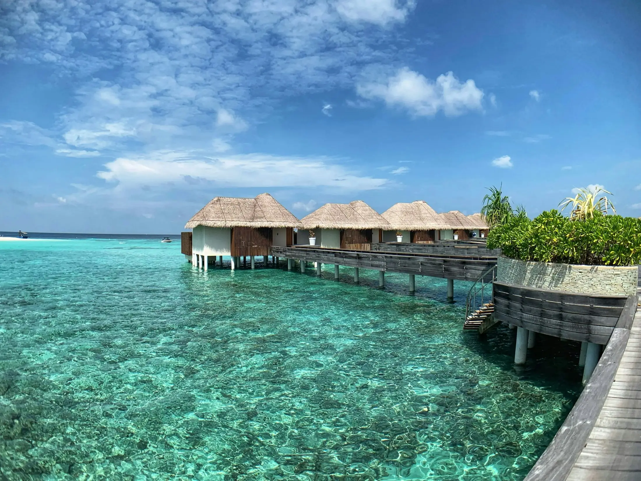 Thatched overwater villas on stilts above clear turquoise water in the Maldives