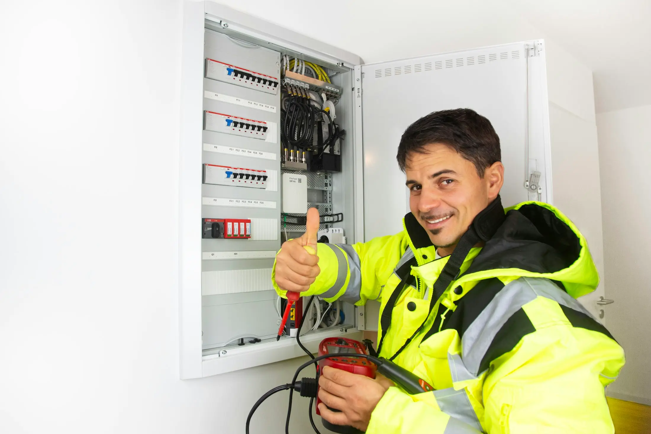 Electrician in a hi-vis jacket giving a thumbs up beside the open switchboard he’s working on